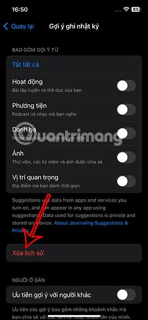Arahan untuk mematikan cadangan dalam Diari pada iPhone