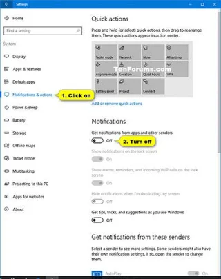 Disattivare notifiche Windows 10