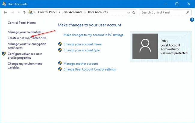 Cipta Cakera Tetapan Semula Kata Laluan menggunakan USB pada Windows 10