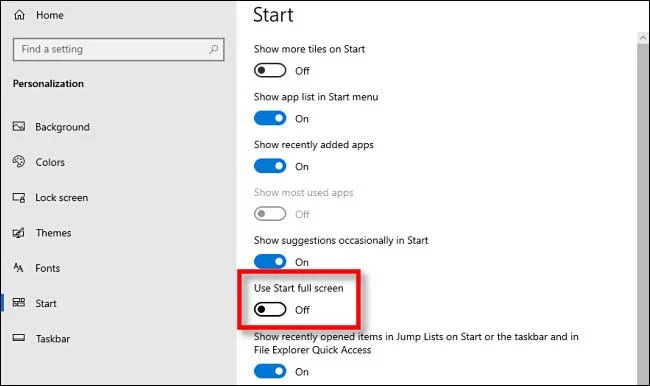 Windows 10'da tam ekran Başlat menüsü nasıl etkinleştirilir/devre dışı bırakılır