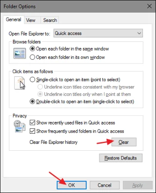 Kosongkan sejarah carian Fail Terkini pada File Explorer Windows 10