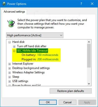 Windows 10da Güç Seçeneklerinden SEC NVMe Boşta Kalma Zaman Aşımı nasıl eklenir veya kaldırılır