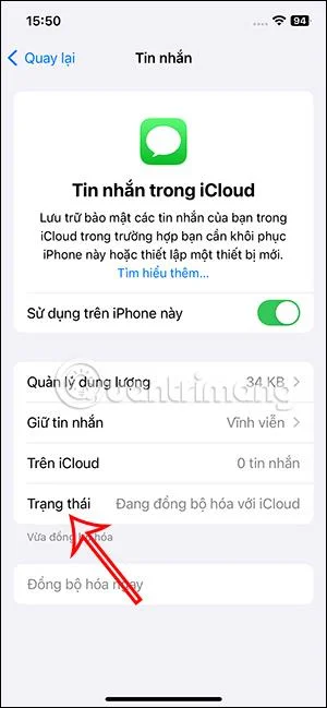 Arahan untuk menyegerakkan mesej ke iCloud pada iPhone