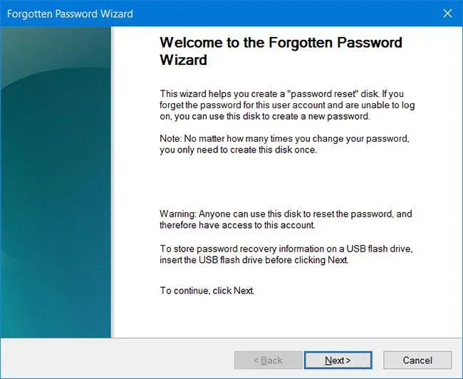 Cipta Cakera Tetapan Semula Kata Laluan menggunakan USB pada Windows 10