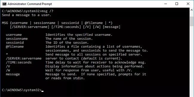 Windows'ta msg komutu