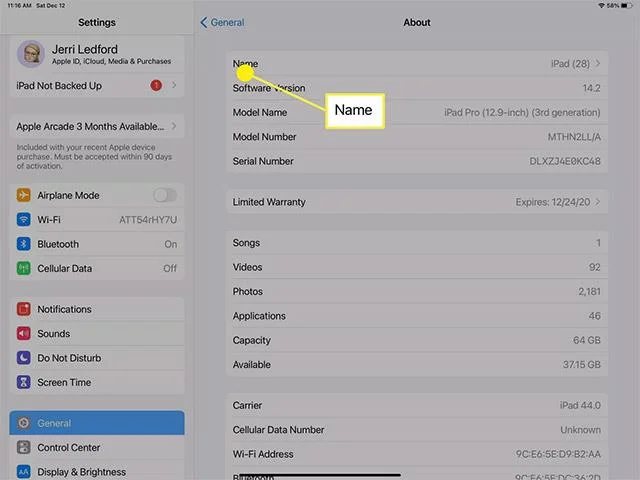 Arahan untuk menukar nama iPad