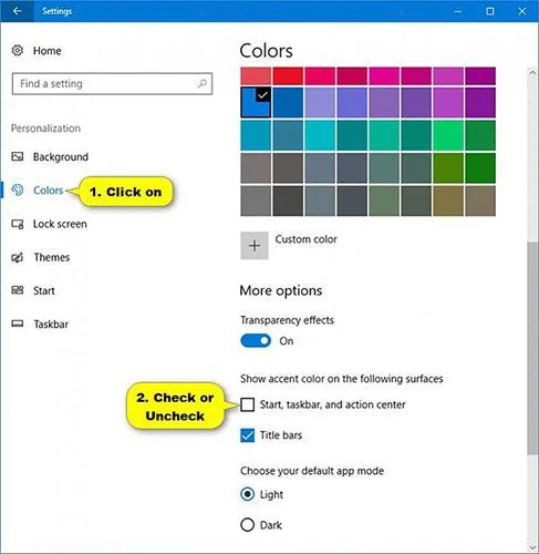 Activer/désactiver l'affichage couleur pour Démarrer, la barre des tâches et le Centre d'action sous Windows 10