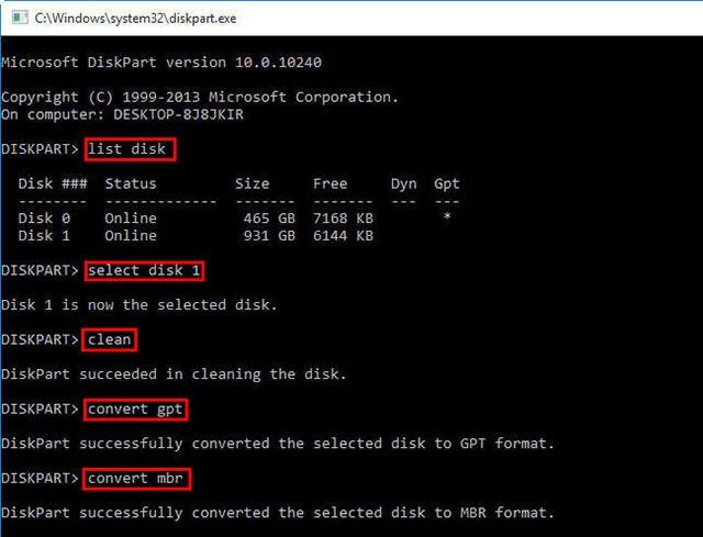 Windowsドライブ上でMBRをGPTに変換します