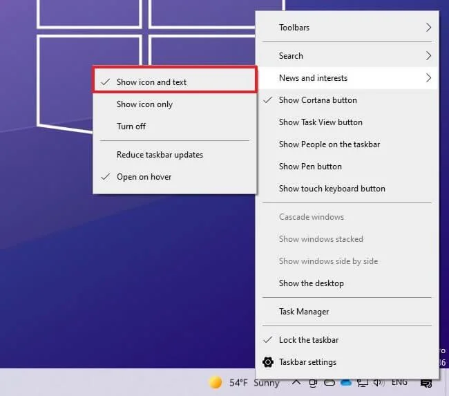 Cara menghidupkan/mematikan Berita dan Minat pada Windows 10