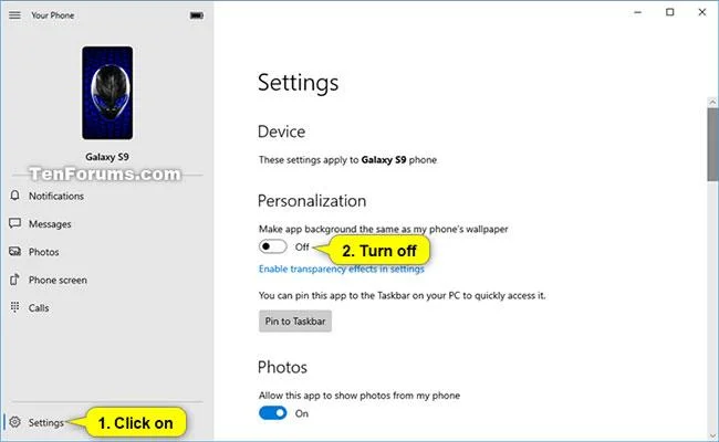 Cara menghidupkan/mematikan penyegerakan kertas dinding telefon dengan kertas dinding apl Telefon Anda pada Windows 10 PC