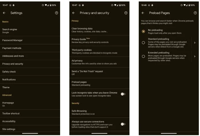 Préchargement de la page désactivé dans Chrome Android