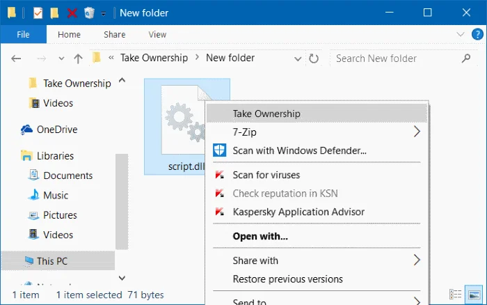Tambah pilihan Ambil Pemilikan pada Menu Klik Kanan pada Windows 10