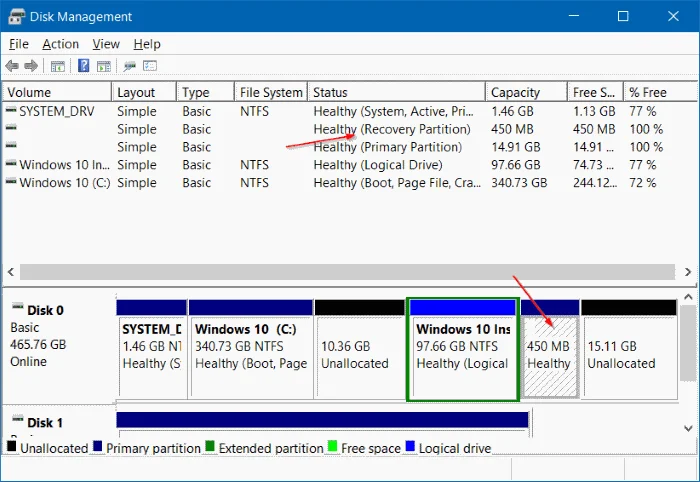 Begini cara untuk memadamkan partition Recovery dan partition Recovery 450 MB pada Windows 10