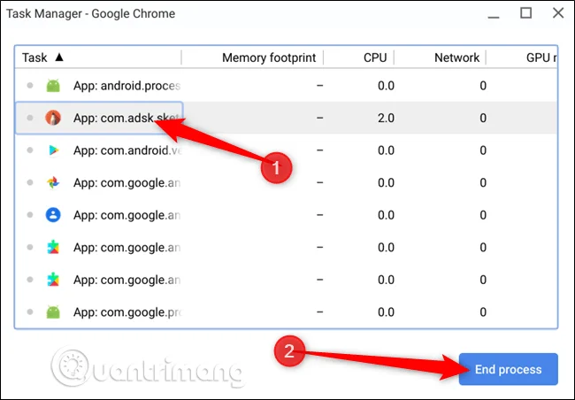Task Manager Chromebook con processi
