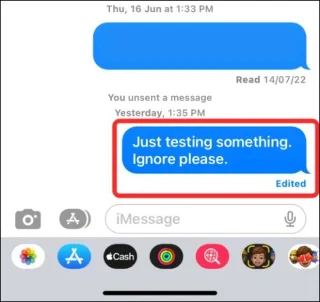 Arahan untuk melihat sejarah penyuntingan mesej pada iPhone