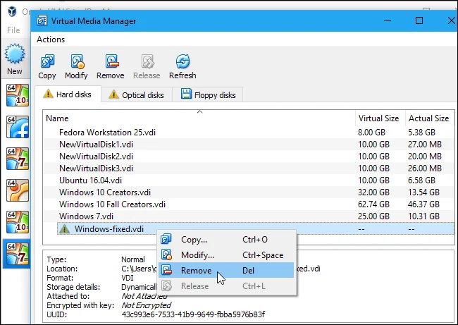 VirtualBox で固定ハードドライブとリムーバブルハードドライブを変換する方法