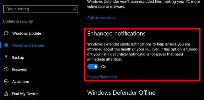 Windows 10'da Windows Defender Özeti bildirimi nasıl kapatılır