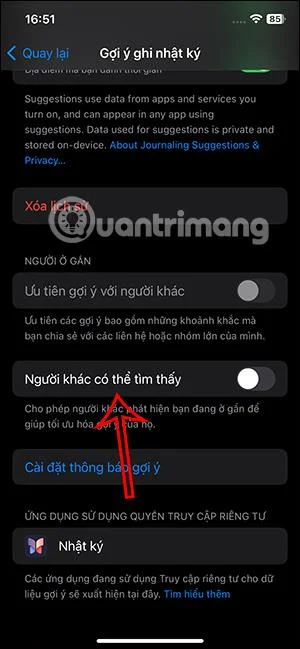 Arahan untuk mematikan cadangan dalam Diari pada iPhone