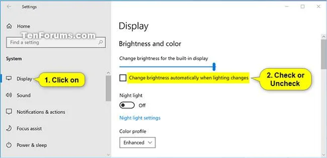 Windows 10'da ekran parlaklığını otomatik olarak ayarlamak için özelliği kapatın