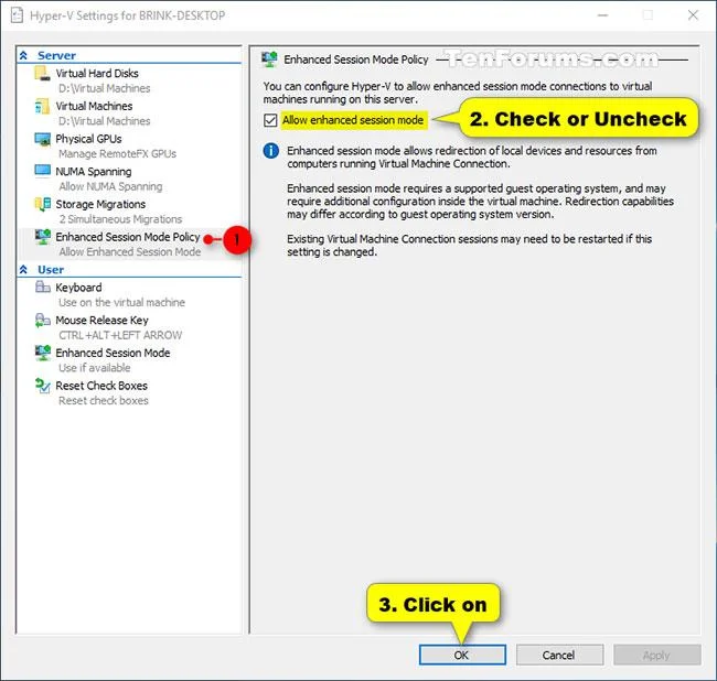 Windows 10'da Hyper-V Gelişmiş Oturum Modu nasıl etkinleştirilir/devre dışı bırakılır