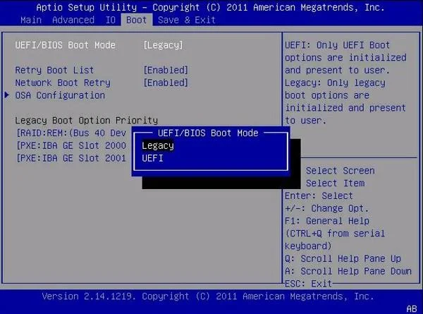 Bagaimana untuk menukar dari Legacy ke UEFI dalam BIOS