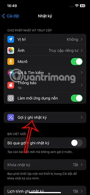 Arahan untuk mematikan cadangan dalam Diari pada iPhone