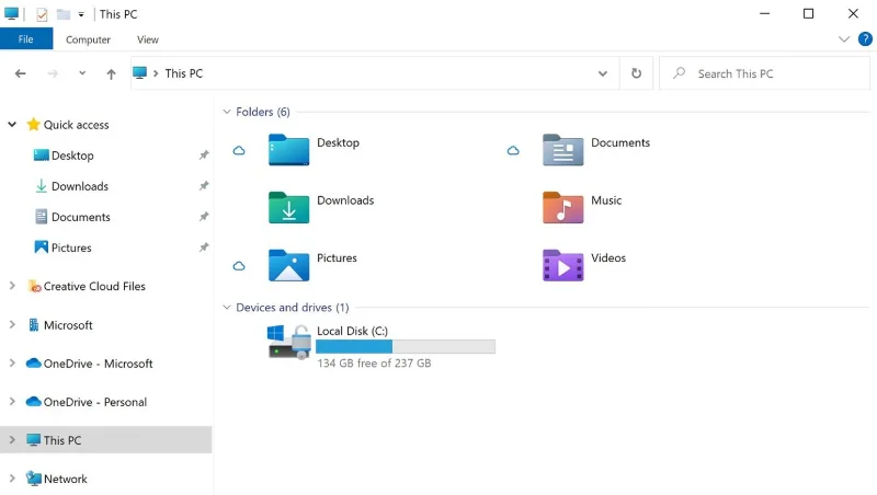 Bu, Windows 10 21H2 sürümünde bulunan yeni Dosya Gezgini'dir