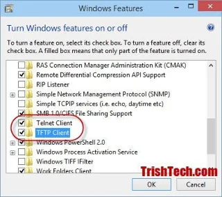 Arahan untuk mengaktifkan TFTP dan Telnet Client pada Windows 10
