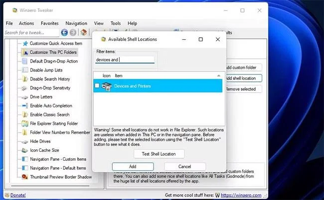 Snelkoppelingen instellen voor de applet Apparaten en printers in Windows 11