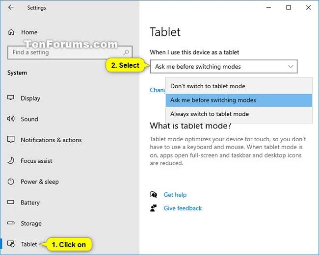 Windows 10'da Tablet Moduna otomatik olarak geçmeden önce sorma seçeneği nasıl etkinleştirilir/devre dışı bırakılır