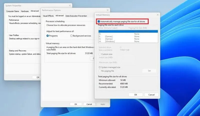 Windows でページファイルのサイズと位置を変更する手順