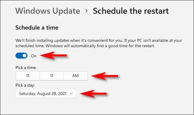 Windows 11'de Windows Update'ten güncellemeleri uygulamak için sistemin yeniden başlatılması nasıl planlanır?