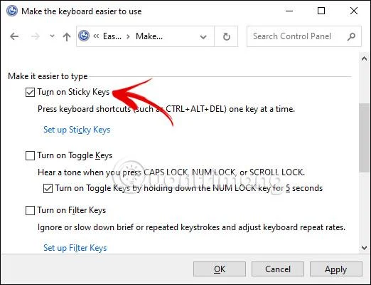 Windows'ta Yapışkan Tuşları açma/kapatma talimatları
