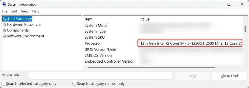システム情報でのIntelプロセッサの世代確認