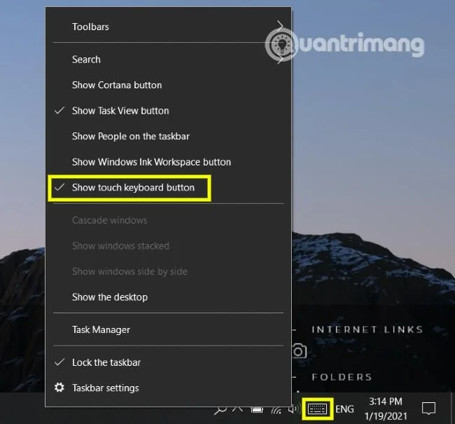 Windows 10'da Görev Çubuğundaki sanal klavye düğmesi nasıl gizlenir/gösterilir