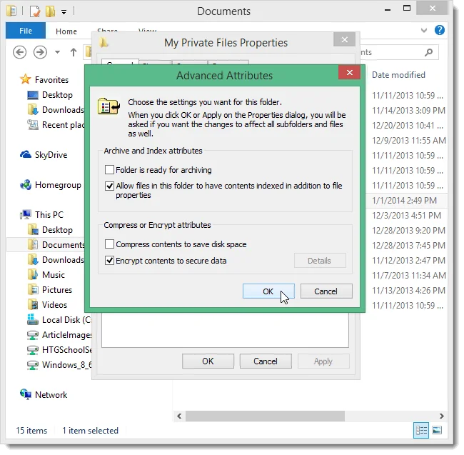 Arahan untuk menggunakan EFS untuk menyulitkan fail dan folder pada Windows 8.1 Pro