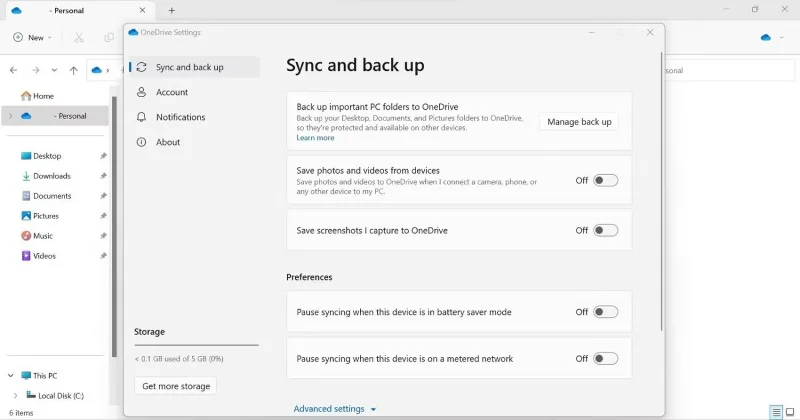 Impostazioni di sincronizzazione OneDrive