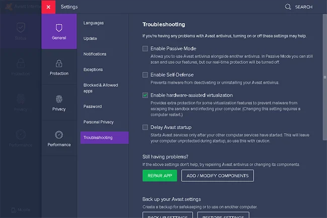 Impostazioni di risoluzione problemi di Avast