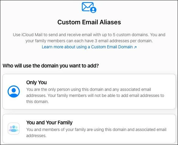 Arahan untuk menyediakan domain e-mel tersuai pada iCloud