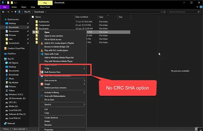 Windows 10'da CRC SHA seçeneği içerik menüsünden nasıl kaldırılır