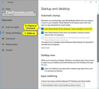 Windows 10a bir kulaklık takıldığında Karma Gerçeklik Portalı başlatma seçeneği nasıl etkinleştirilir/devre dışı bırakılır