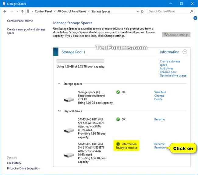 Windows 10'da Depolama Alanlarındaki Depolama Havuzundan bir sürücü nasıl silinir?