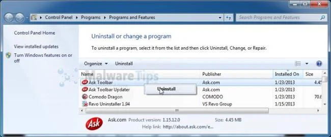 Begini cara untuk mengalih keluar Bar Alat Tanya dan Tanya . com Carian daripada pelayar Chrome, IE dan Firefox