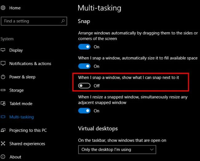 Arahan untuk mematikan beberapa ciri automatik Snap pada Windows 10