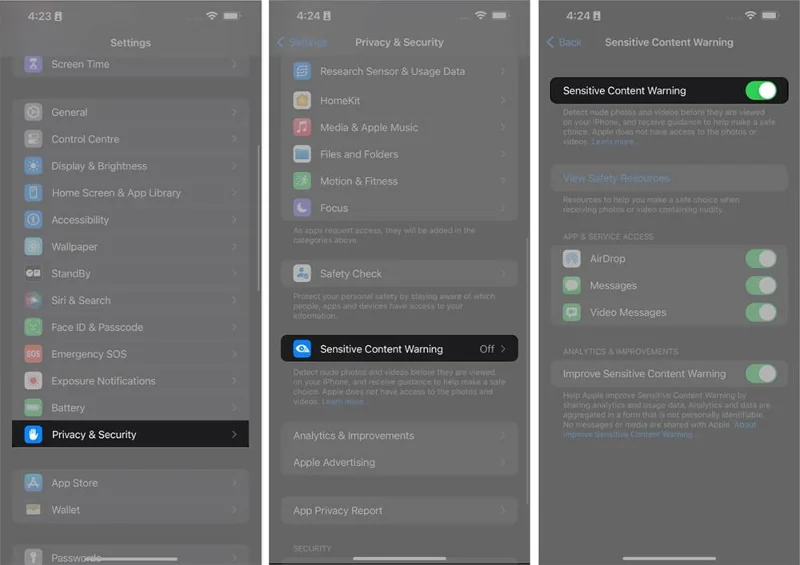 Cara menghidupkan amaran kandungan sensitif pada iPhone