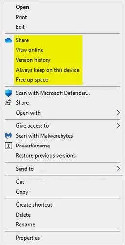 Windows 10da OneDrive içerik menüsüne Taşı nasıl eklenir/kaldırılır