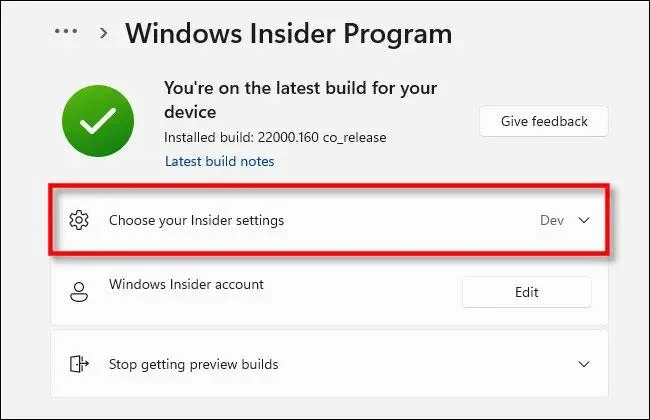 Schakelen tussen ontwikkelaarskanaal en bètakanaal op Windows 11