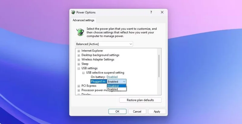 USB-Einstellungen deaktiviert