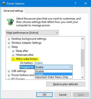 Windows 10の電源オプションからウェイクタイマーを許可するを追加/削除する方法