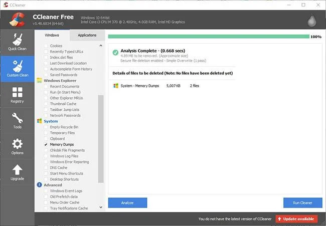 CCleanerでメモリダンプファイルを削除する方法